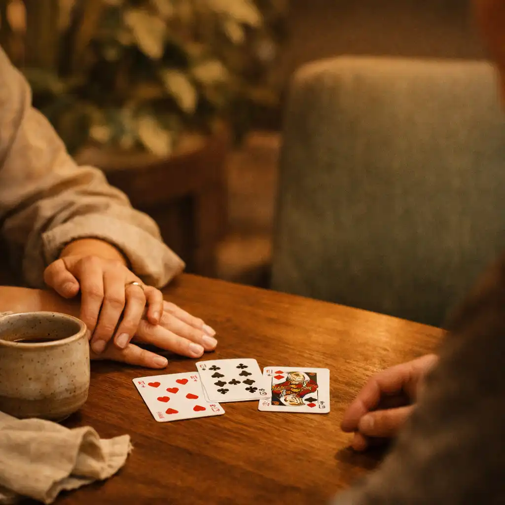 Playing cards, a ceramic vessel and soft lounge seating in the card lounge.