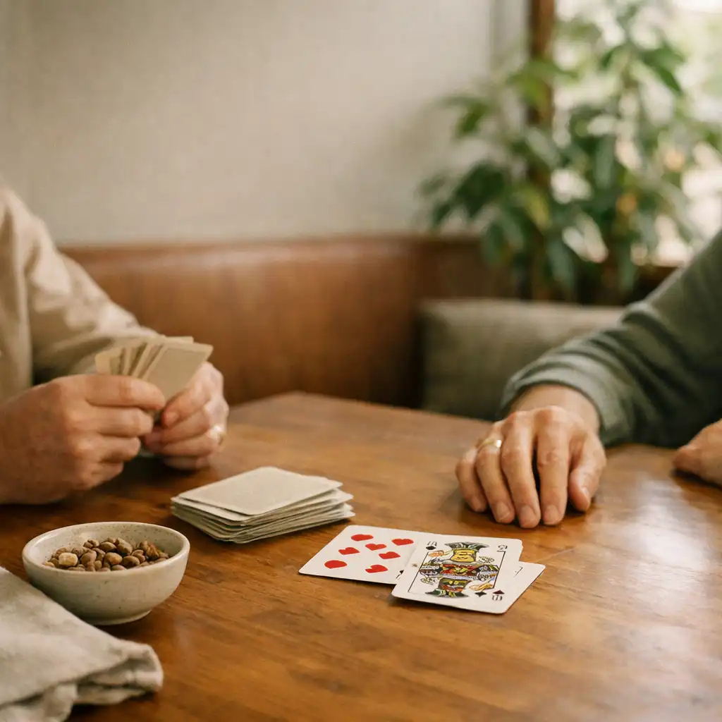 Hands resting around physical playing cards on a timber table in a leafy card lounge.