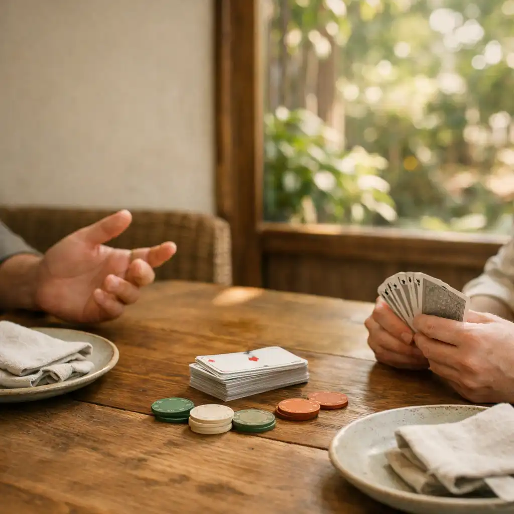 Hands gathered around cards, linen and shared plates on a timber table in the card lounge.