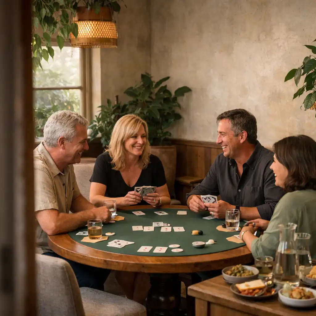 Guests talking together around a timber poker table in the softly lit card room.