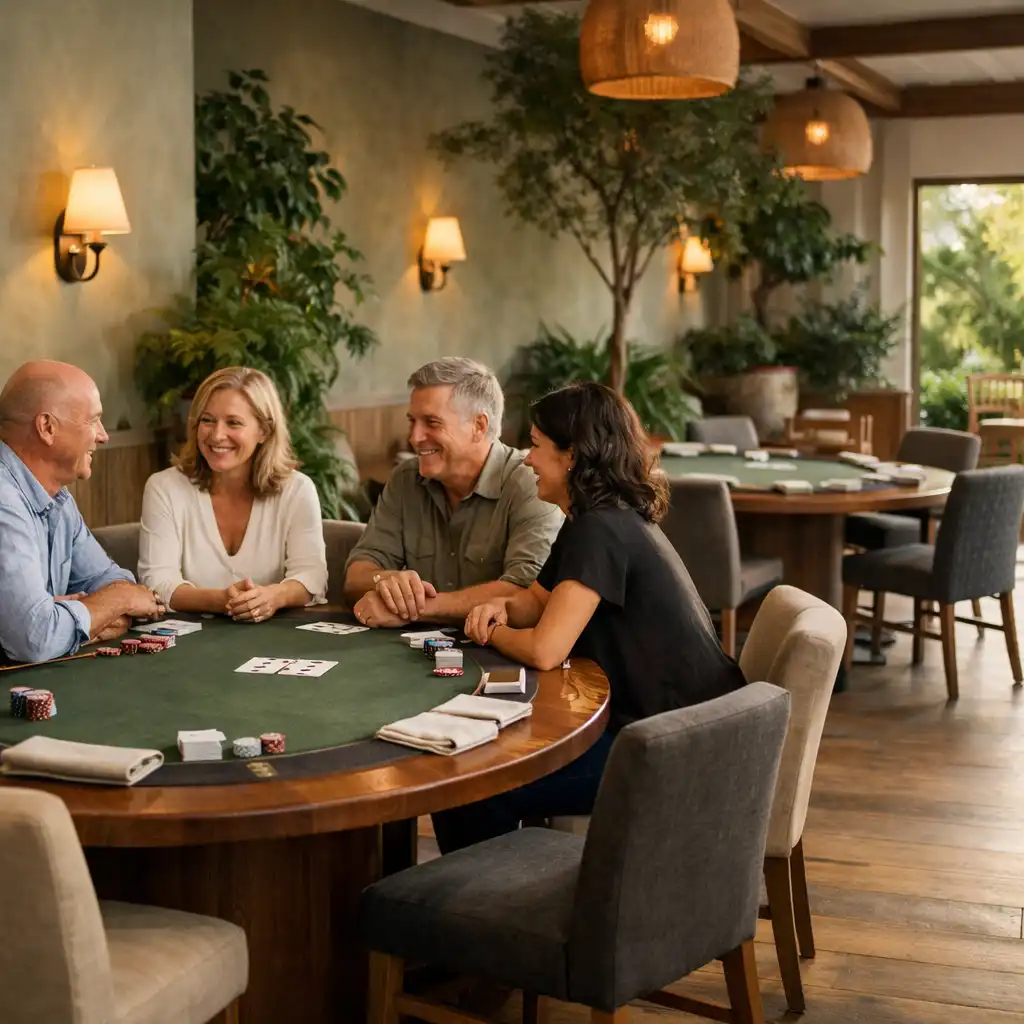 Warm card room with timber poker tables, comfortable chairs, foliage and people in relaxed conversation