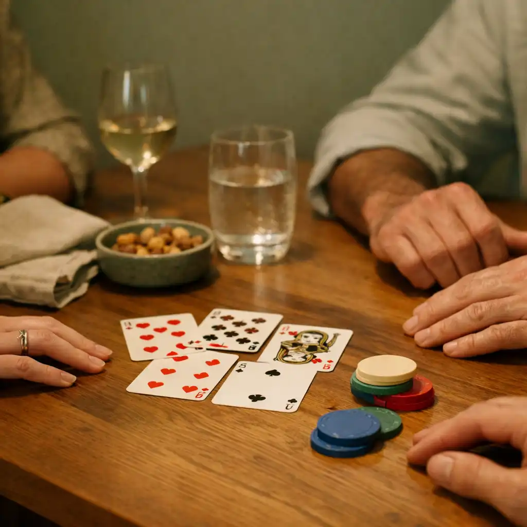 Adult hands arranging physical playing cards beside linen and a ceramic dish on a timber table