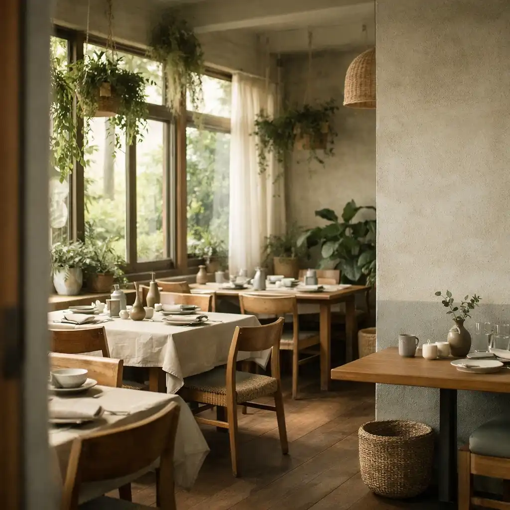 A foliage-filled restaurant dining room with timber tables and linen.