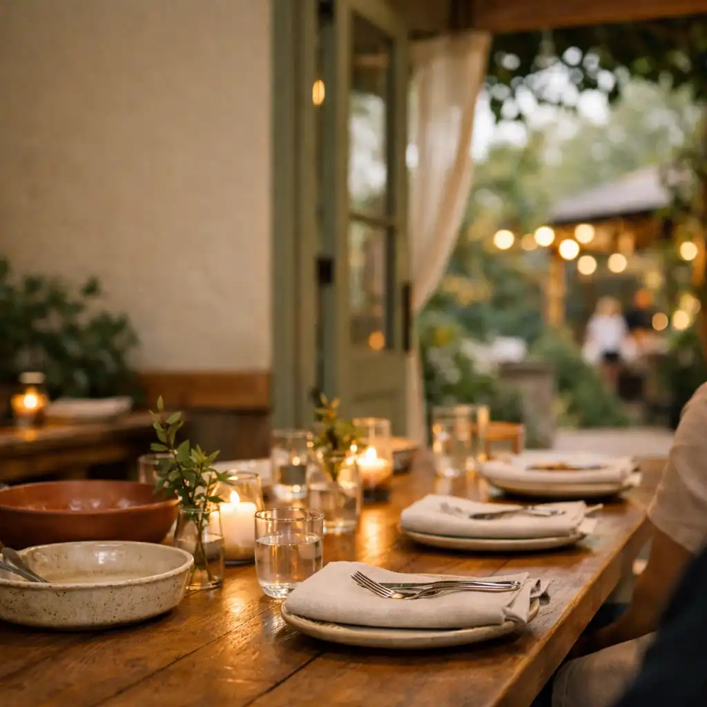 Linen-covered timber table set with shared plates and leafy stems in a softly lit garden restaurant