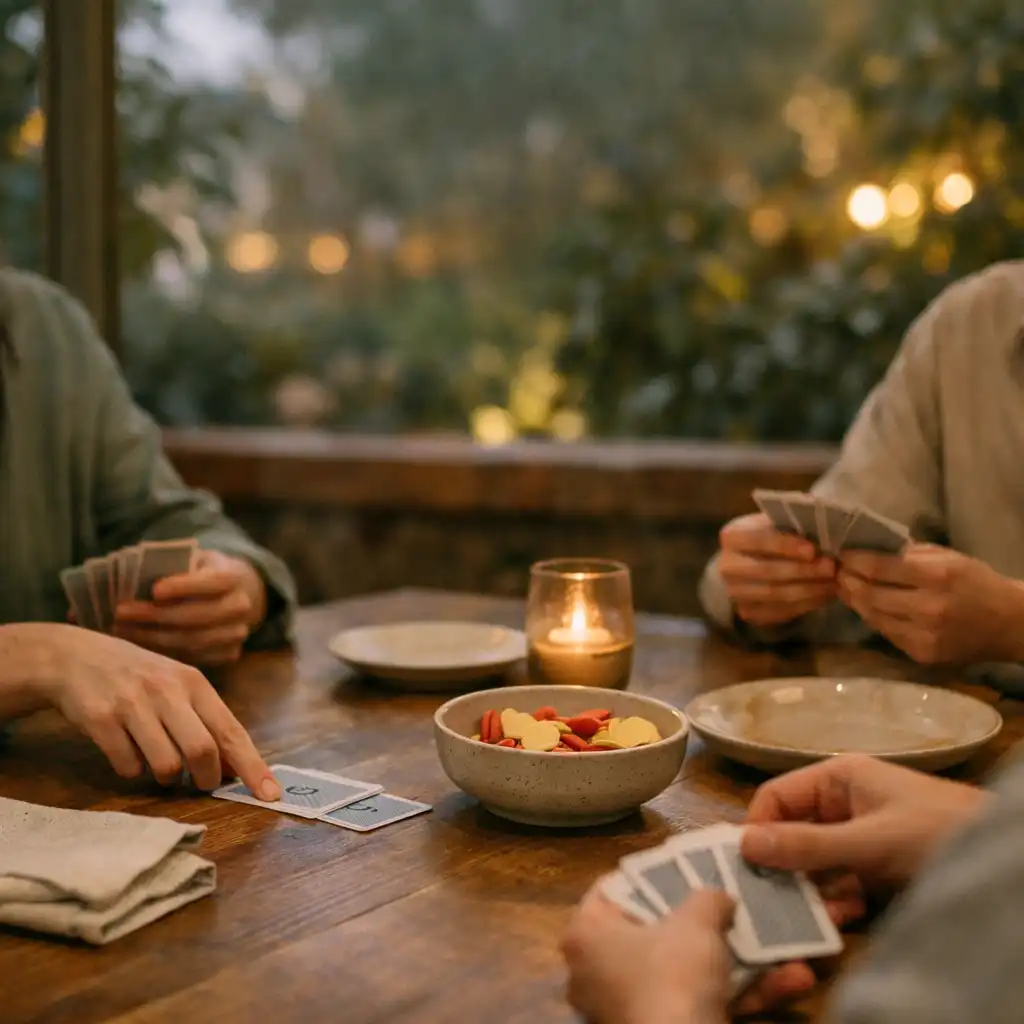 Hands arranging playing cards beside linen and a shared plate on a timber table.