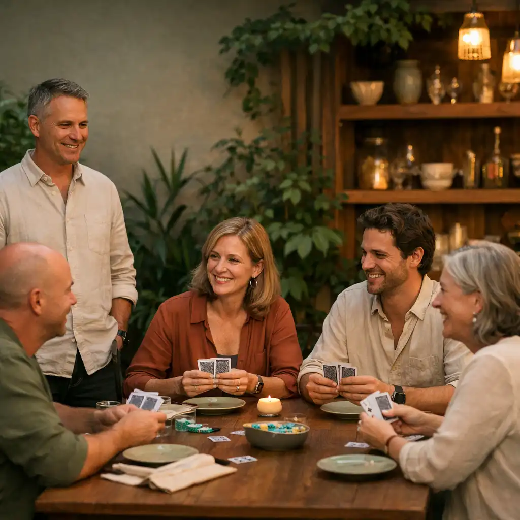 Host and adult guests gathered around a timber table for a relaxed card evening