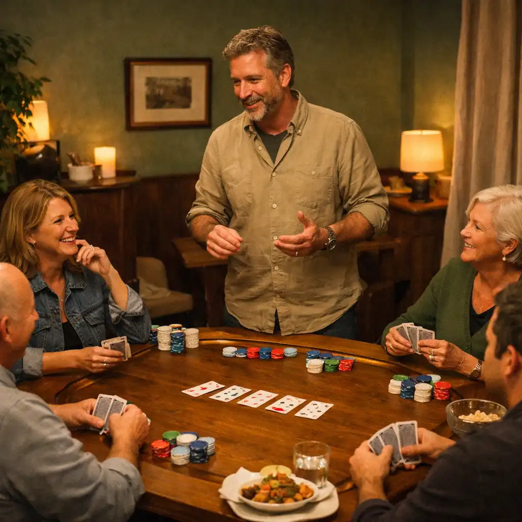 Guests gathered around a timber card table during a hosted evening.