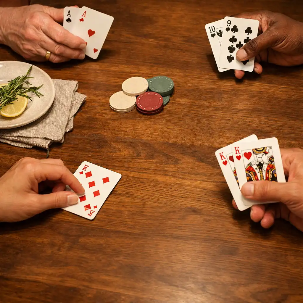 Hands holding physical cards above a timber table with linen and a shared plate.