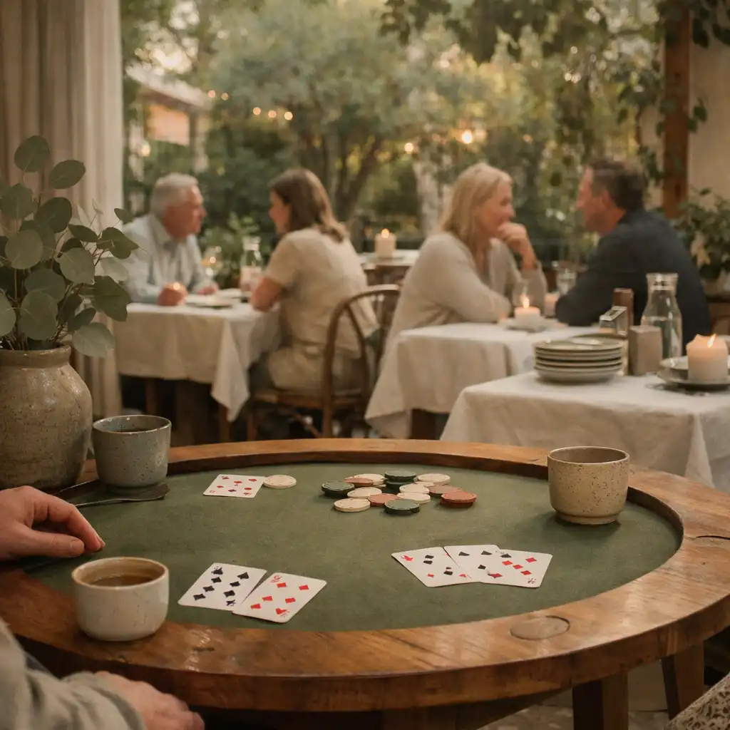 Guests gathered near a timber poker table in a foliage-filled restaurant setting