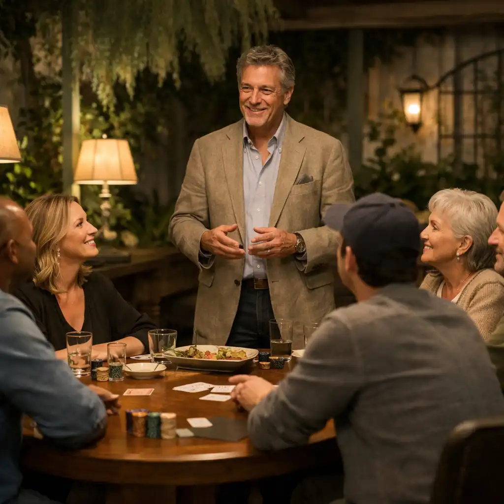 A host speaking with guests gathered around a timber card table