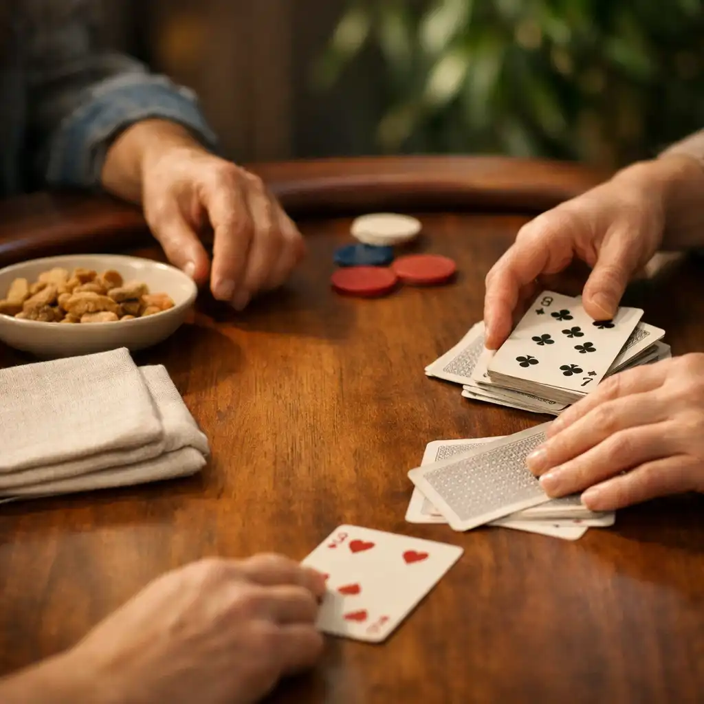 Hands arranging playing cards on a polished timber table beside linen and ceramic tableware