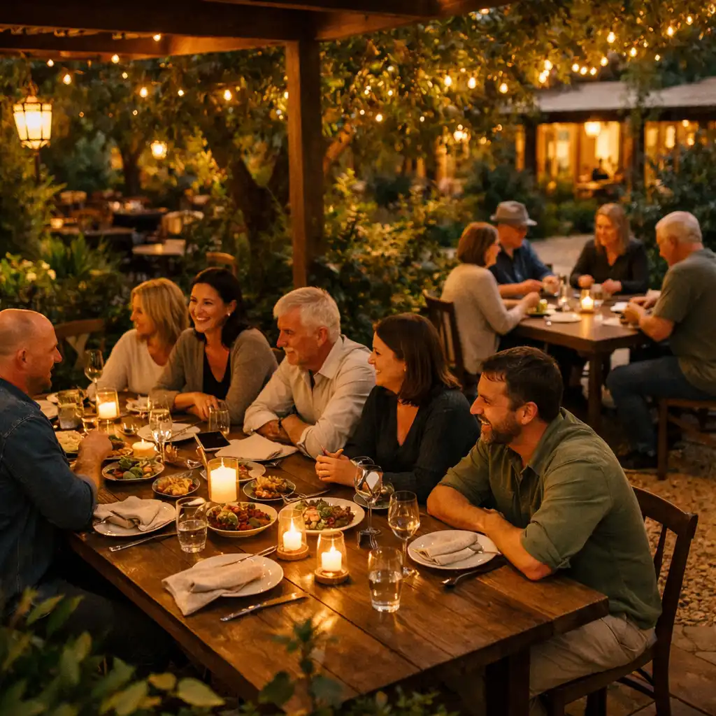 Private group gathered around a long timber table with shared plates, linen, candles and foliage at dusk