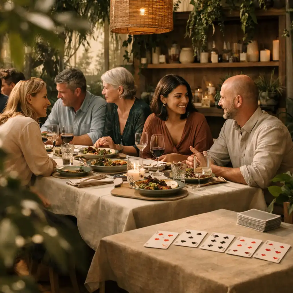 Guests at a long dining table with foliage and a nearby prepared card table.