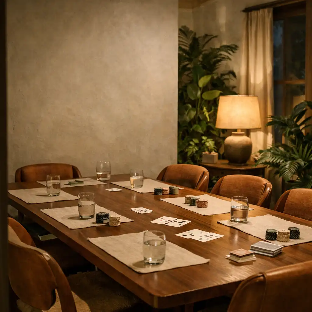 A prepared timber poker table with linen, cards, glasses and foliage in a quiet card room.