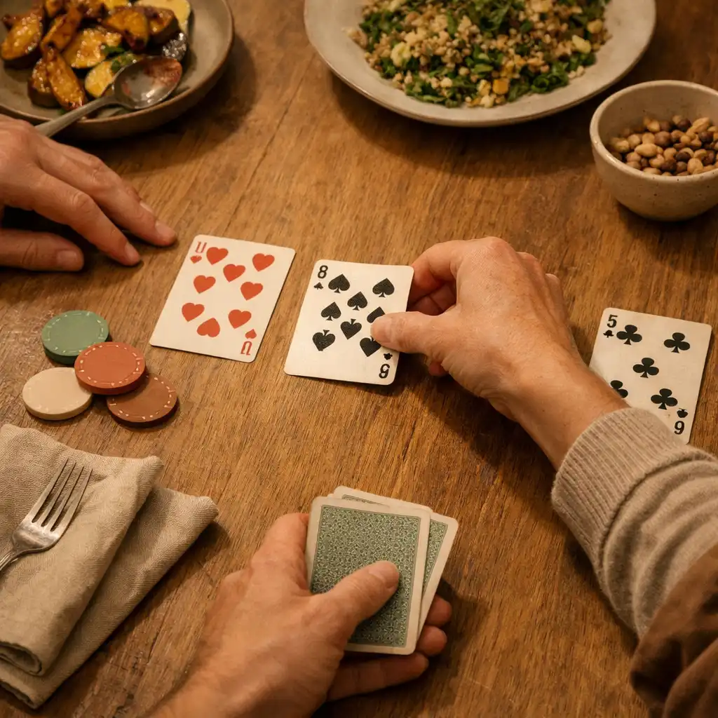 Hands placing cards on a timber table beside shared food, linen and ceramic tableware.