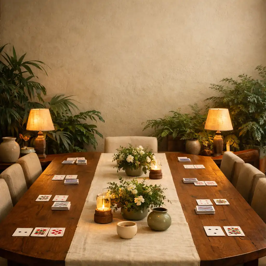 Prepared timber card table with linen, foliage and warm lamps in a quiet card room