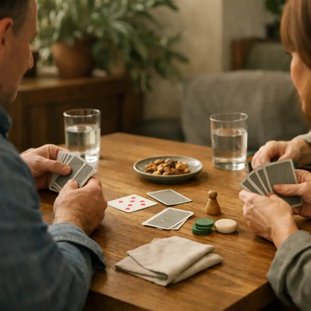 Guests' hands arranging playing cards beside linen and a shared dish in the restaurant card lounge