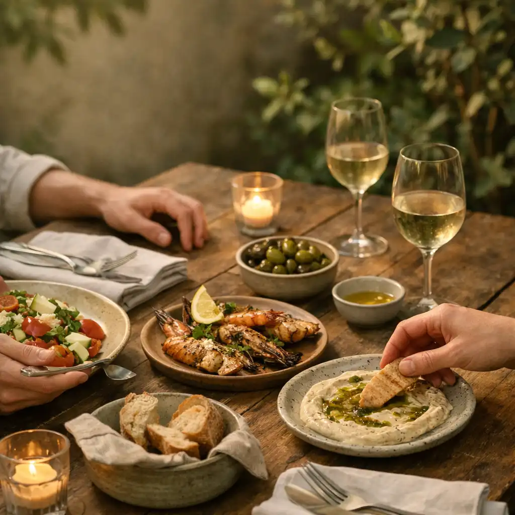 Hands reaching across a timber restaurant table with linen, shared plates and garden foliage