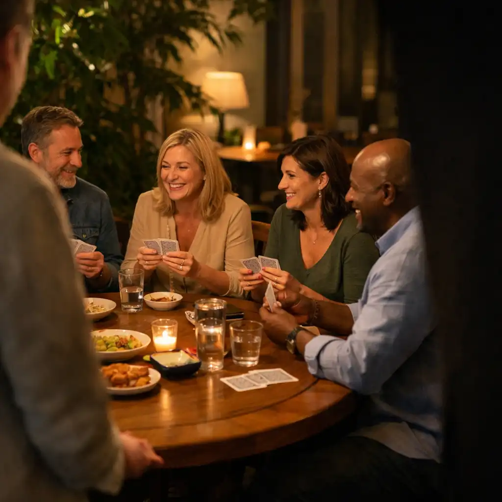 A welcoming host beside adult diners gathered at a timber table in a leafy restaurant card room