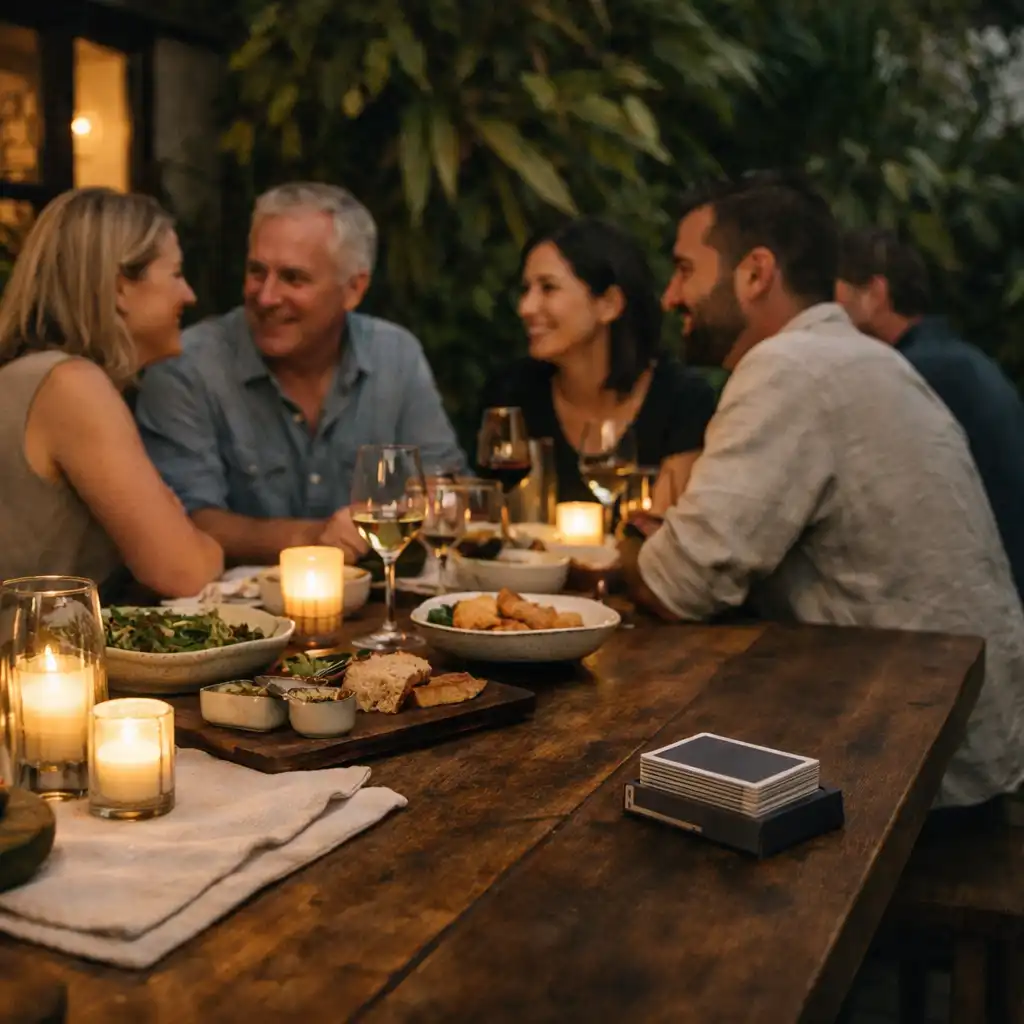 A small group sharing food and conversation around a long timber restaurant table.