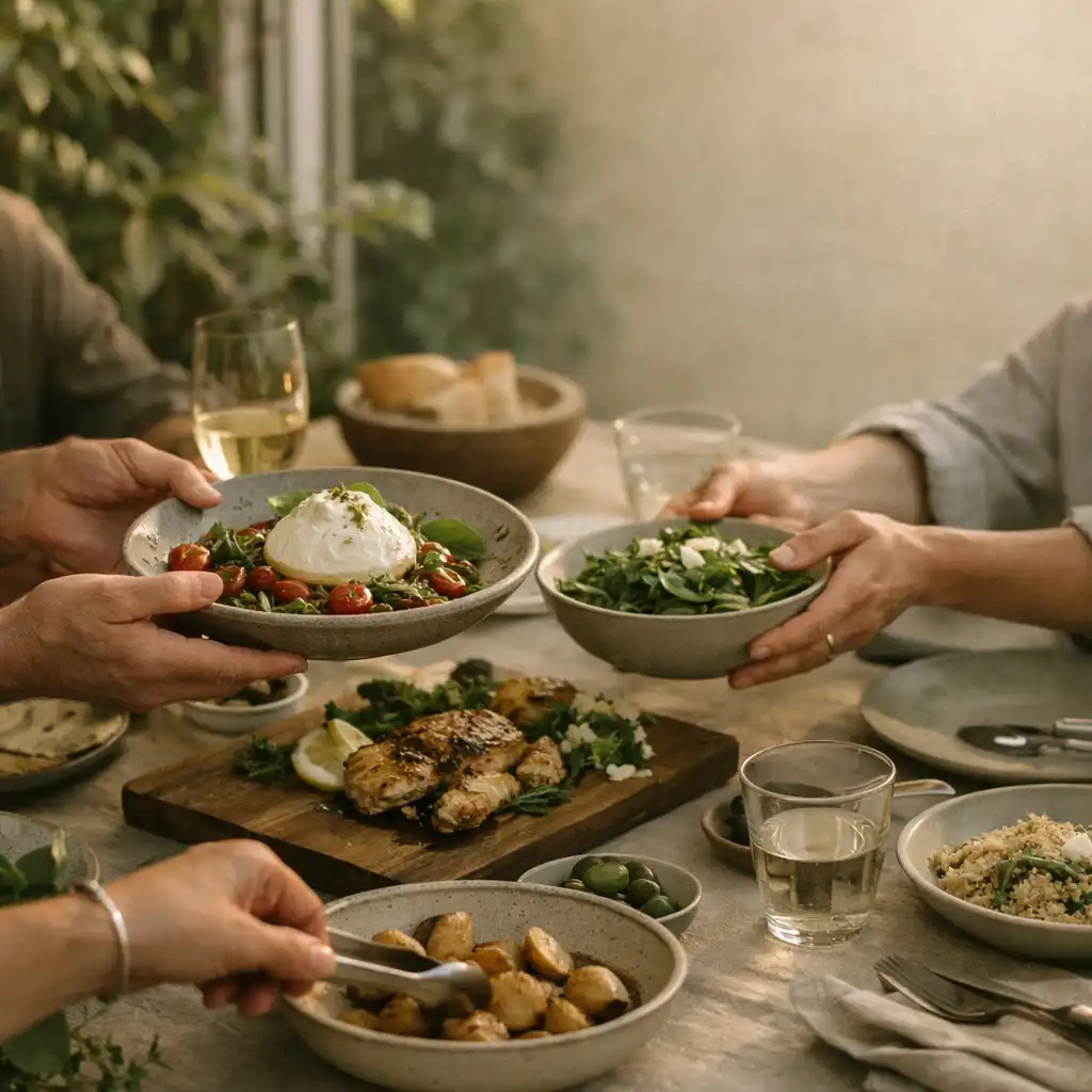 Hands passing shared dishes across a linen-covered timber restaurant table with herbs and ceramic plates