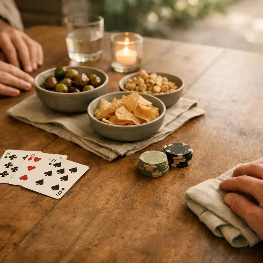 Hands, playing cards, linen and shared plates on a timber restaurant table